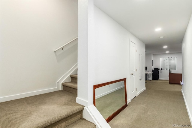 stairs featuring carpet flooring, recessed lighting, and baseboards