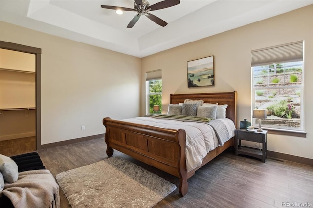 24322 E Mineral Dr, Aurora, CO 80016 - bedroom featuring multiple windows, a tray ceiling, wood finished floors, and a ceiling fan