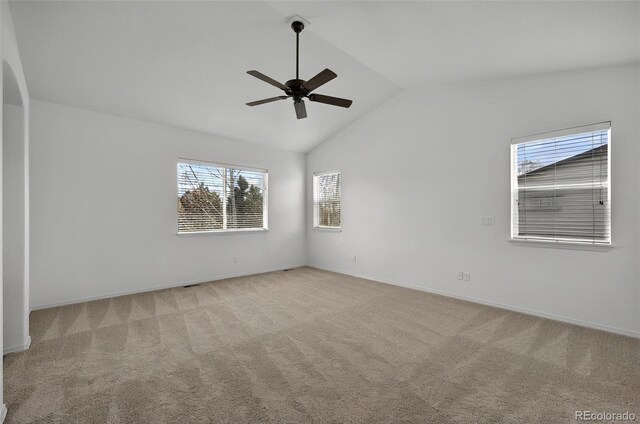 16043 Bridle Ridge Dr, Monument, CO 80132 - unfurnished room with a ceiling fan, vaulted ceiling, carpet floors, and baseboards