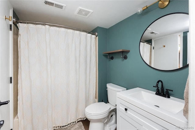 bathroom with toilet, visible vents, a shower with shower curtain, and vanity