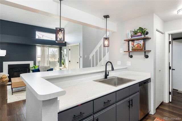 kitchen with a peninsula, dark wood-style flooring, a fireplace, a sink, and stainless steel dishwasher