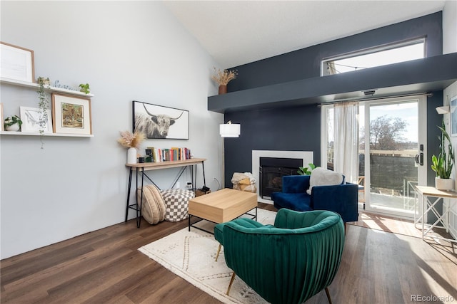 living room featuring vaulted ceiling, a fireplace, and wood finished floors