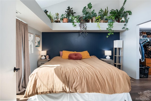 bedroom with a closet, a spacious closet, and wood finished floors