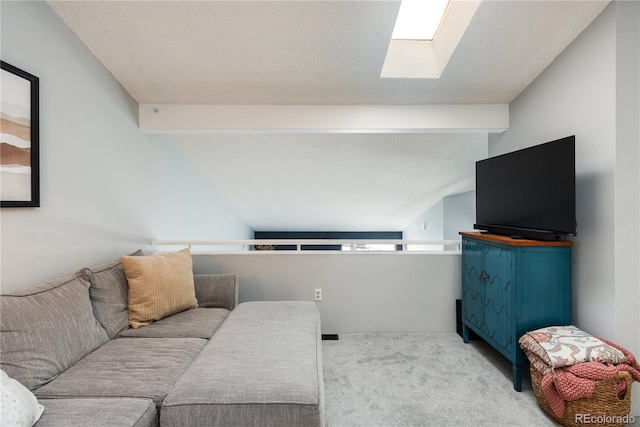 carpeted living area featuring vaulted ceiling and a textured ceiling