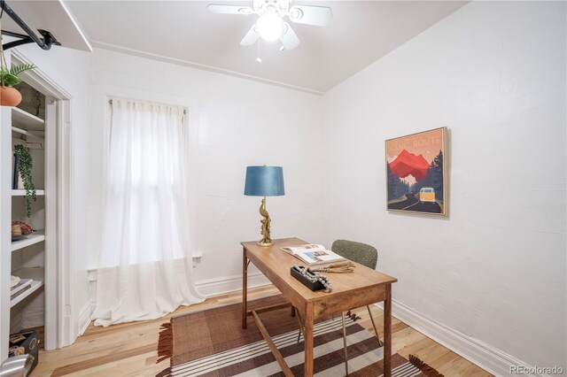 office featuring light wood-type flooring, ceiling fan, and baseboards