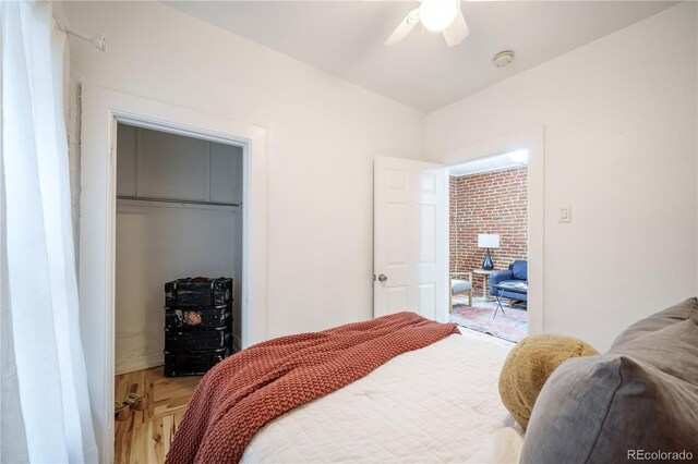 bedroom with a closet, a ceiling fan, and wood finished floors