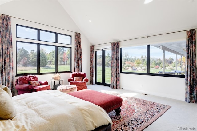 carpeted bedroom featuring high vaulted ceiling