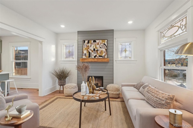 living room featuring a fireplace and light hardwood / wood-style floors