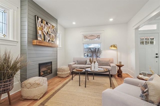 living room featuring light hardwood / wood-style floors, a wealth of natural light, and a fireplace