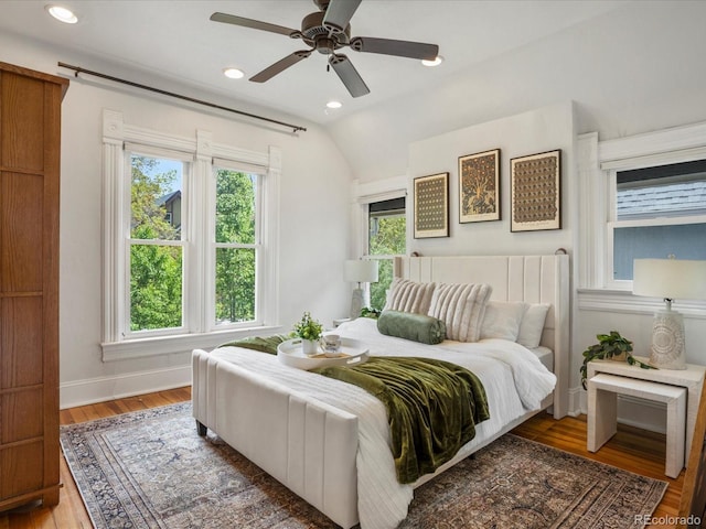 1423 Elizabeth St, Denver, CO 80206 - bedroom with baseboards, wood finished floors, recessed lighting, ceiling fan, and lofted ceiling