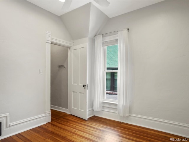 1423 Elizabeth St, Denver, CO 80206 - interior space featuring hardwood / wood-style flooring, a ceiling fan, baseboards, and lofted ceiling