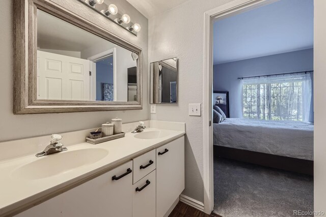 8767 E Dry Creek Rd Unit 1312, Englewood, CO 80112 - bathroom featuring connected bathroom, double vanity, wood finished floors, and a textured wall