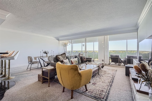 carpeted living room featuring a textured ceiling and crown molding