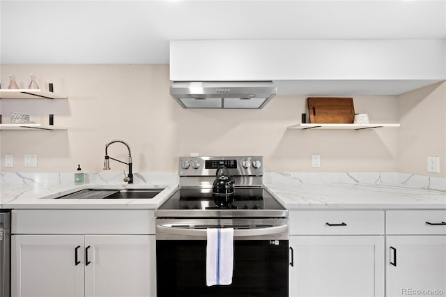 kitchen with open shelves, electric stove, a sink, and exhaust hood