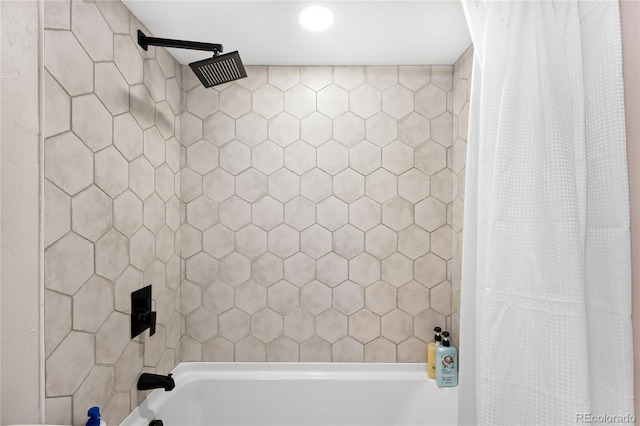 bathroom featuring shower / bath combination with curtain and recessed lighting