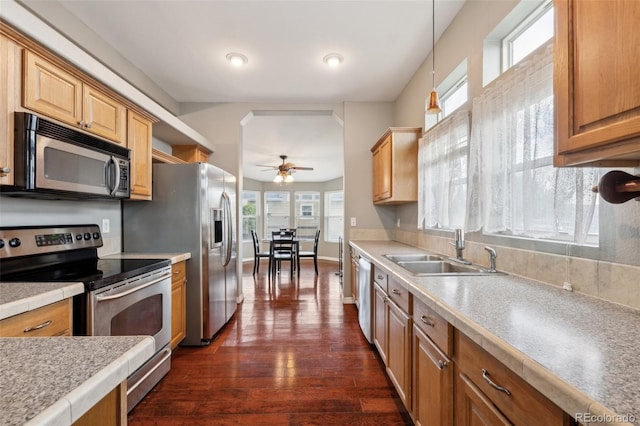 4481 Kingfisher Pt, Colorado Springs, CO 80922 - kitchen with stainless steel appliances, a sink, ceiling fan, and plenty of natural light