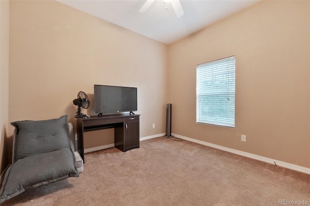 4481 Kingfisher Pt, Colorado Springs, CO 80922 - office area featuring a ceiling fan, light colored carpet, baseboards, and lofted ceiling