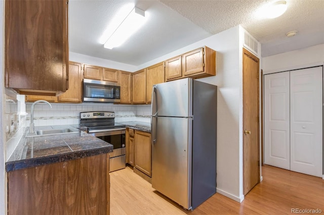 kitchen featuring appliances with stainless steel finishes, sink, backsplash, light hardwood / wood-style floors, and a textured ceiling