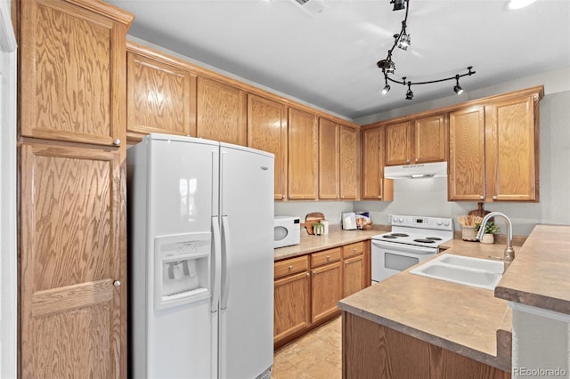 kitchen featuring white appliances, kitchen peninsula, and sink