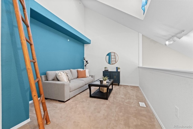 carpeted living room with rail lighting and a skylight