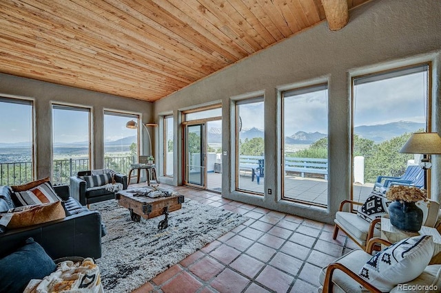 28700 County Road 304, Buena Vista, CO 81211 - tiled living room with wood ceiling, lofted ceiling, plenty of natural light, a mountain view, and a textured wall