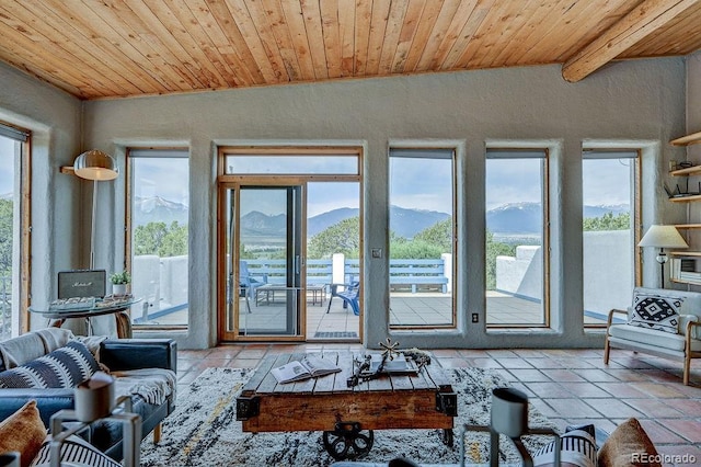 28700 County Road 304, Buena Vista, CO 81211 - tiled living room featuring wooden ceiling, a mountain view, a textured wall, and vaulted ceiling