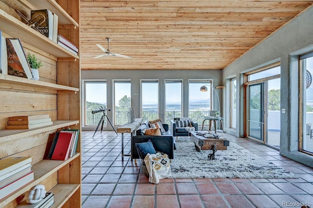 28700 County Road 304, Buena Vista, CO 81211 - living area with wood ceiling, plenty of natural light, ceiling fan, and vaulted ceiling