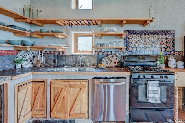 28700 County Road 304, Buena Vista, CO 81211 - kitchen featuring black range with gas cooktop, dishwasher, open shelves, and backsplash