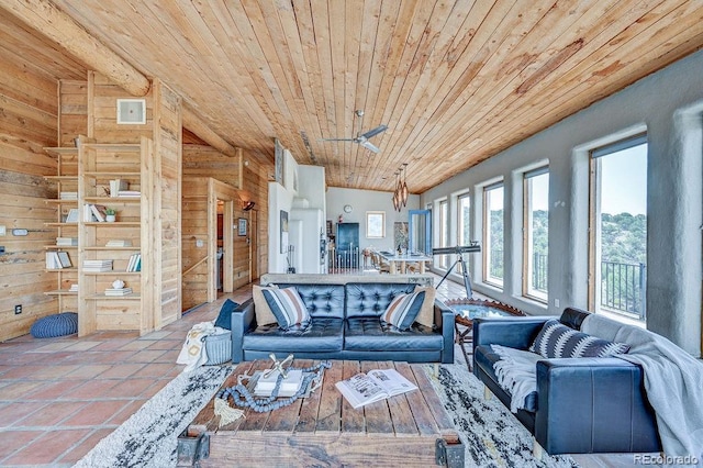 28700 County Road 304, Buena Vista, CO 81211 - living area featuring wooden ceiling, wooden walls, a ceiling fan, and lofted ceiling