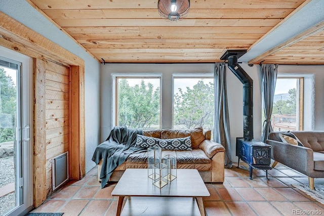 28700 County Road 304, Buena Vista, CO 81211 - living room with a wood stove, wooden ceiling, and plenty of natural light