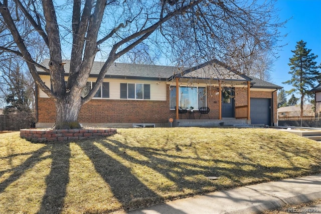 ranch-style home with a front lawn, concrete driveway, brick siding, and an attached garage