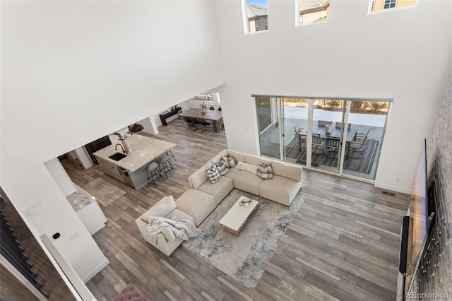 living area with baseboards, a high ceiling, wood finished floors, and a healthy amount of sunlight