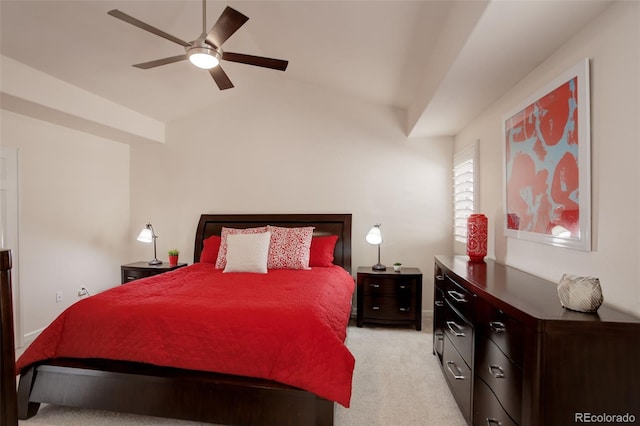 bedroom featuring light carpet, ceiling fan, and lofted ceiling