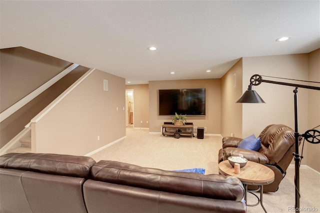 living room with stairway, recessed lighting, carpet flooring, and baseboards