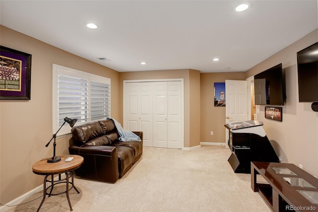 interior space featuring recessed lighting, carpet flooring, visible vents, and baseboards