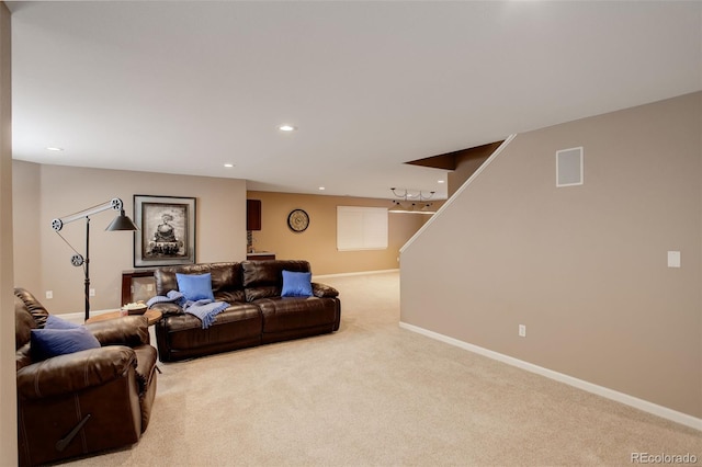 living room with recessed lighting, visible vents, baseboards, stairway, and carpet