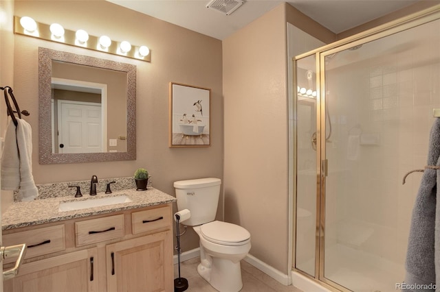 bathroom with toilet, a stall shower, tile patterned flooring, and visible vents