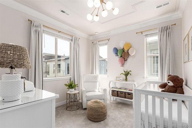 15774 W Girard Ave, Morrison, CO 80465 - bedroom with light carpet, a notable chandelier, ornamental molding, and visible vents