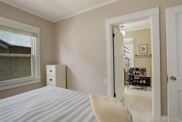 848 Harrison St, Denver, CO 80206 - bedroom featuring multiple windows, crown molding, and light carpet