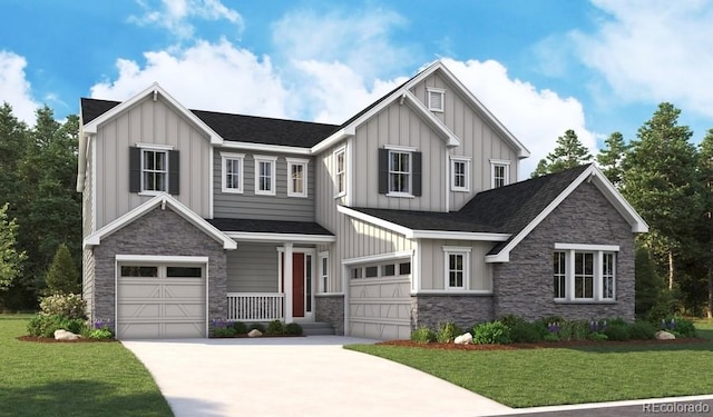 craftsman house with board and batten siding, a front yard, and stone siding
