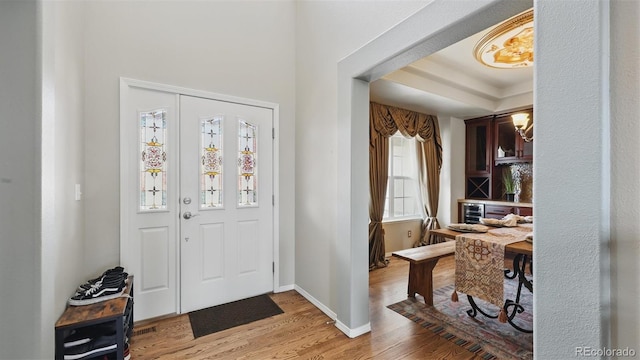 11818 Rio Secco Rd, Peyton, CO 80831 - foyer with light wood-style floors, baseboards, and a tray ceiling