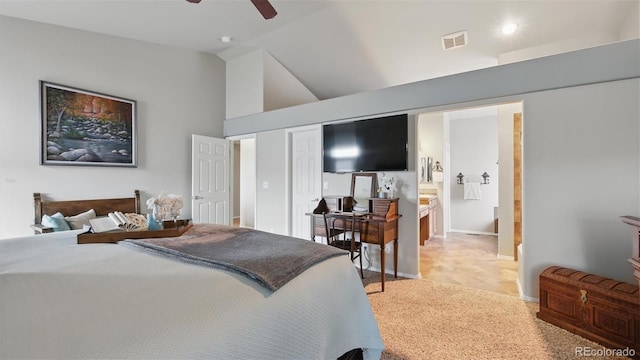 11818 Rio Secco Rd, Peyton, CO 80831 - bedroom with lofted ceiling, light colored carpet, baseboards, and ceiling fan
