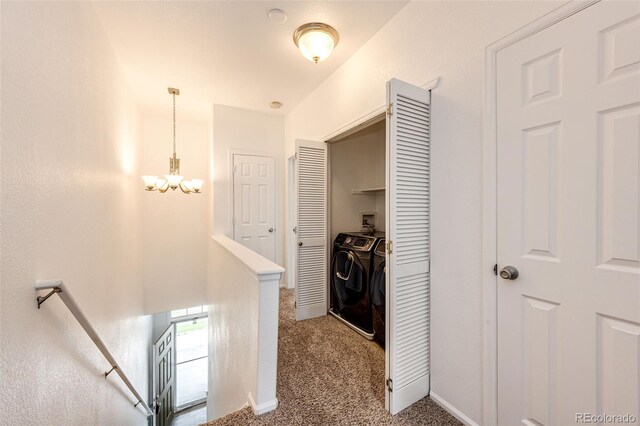 15955 E Geddes Dr Unit 55, Aurora, CO 80016 - hallway with an upstairs landing, carpet, baseboards, and a chandelier