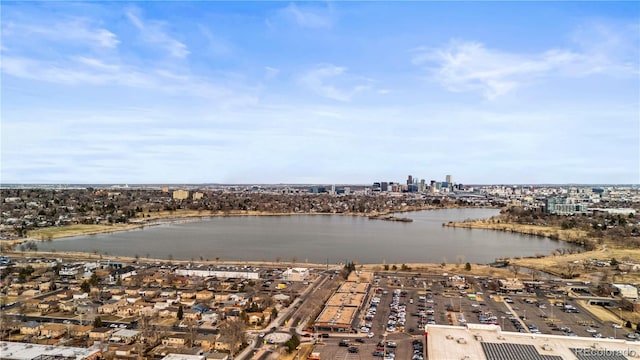 aerial view with a city view and a water view