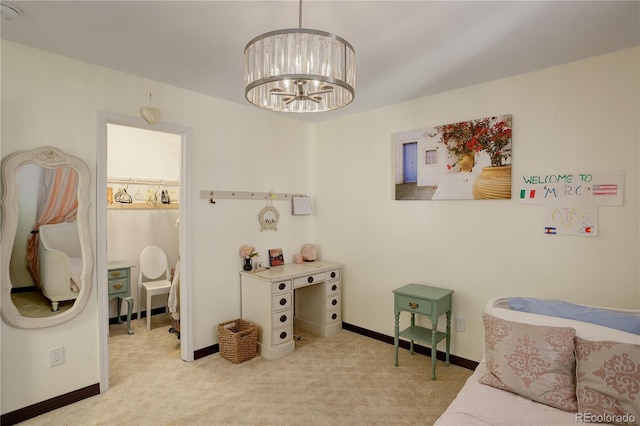 bedroom with light carpet, a notable chandelier, and baseboards