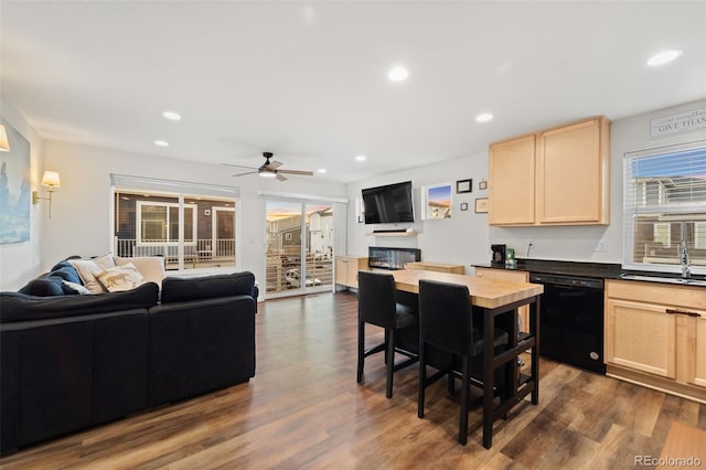 kitchen featuring a sink, dark wood-type flooring, dishwasher, and light brown cabinets