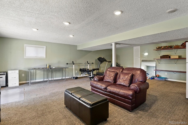 living area featuring carpet flooring, recessed lighting, a textured ceiling, and baseboards