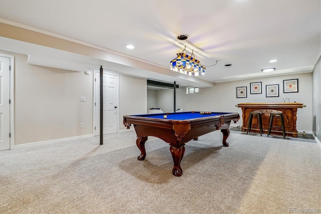 recreation room with ornamental molding, carpet flooring, bar area, and billiards