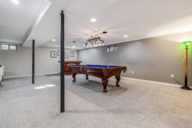 game room featuring billiards and carpet flooring