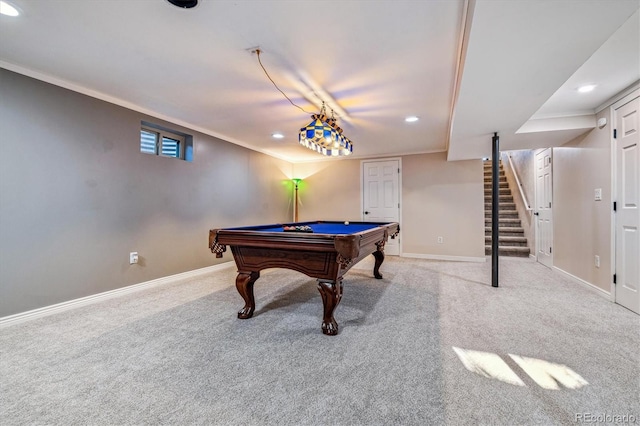 rec room with crown molding, light colored carpet, and pool table